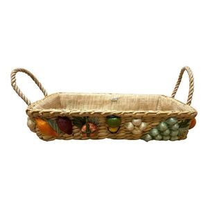 VINTAGE Woven Straw Basket With Raised Veggie Embroidered Raffia Cottagecore